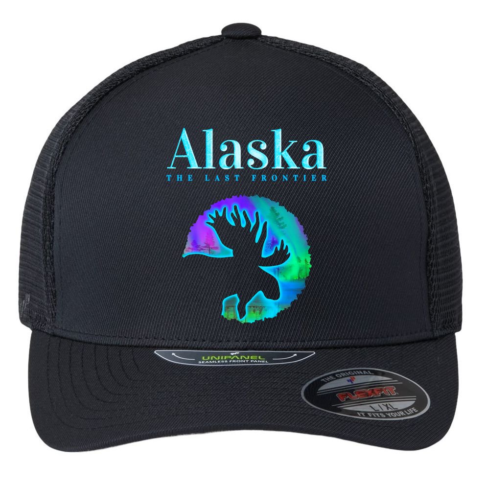 Alaska Moose Aurora Borealis The Last Frontier Funny Gift Flexfit Unipanel Trucker Cap