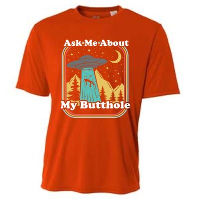 Ask Me About My Butthole Funny Alien Believer Retro 80s Gift Cooling Performance Crew T-Shirt