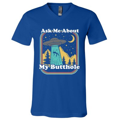 Ask Me About My Butthole Funny Alien Believer Retro 80s Gift V-Neck T-Shirt