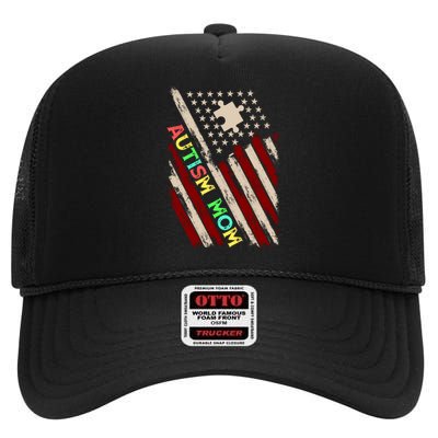 Autism Mom America Flag High Crown Mesh Back Trucker Hat