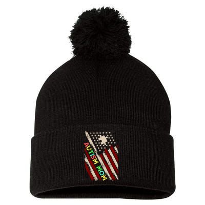 Autism Mom America Flag Pom Pom 12in Knit Beanie