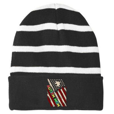 Autism Mom America Flag Striped Beanie with Solid Band