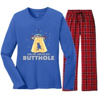 Ask Me About My Butthole Funny Ufo Alien Abduction Gift Women's Long Sleeve Flannel Pajama Set 