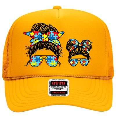 Autism Mom And Life Messy Bun Sunglasses Bandana High Crown Mesh Back Trucker Hat