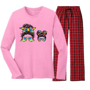 Autism Mom And Life Messy Bun Sunglasses Bandana Women's Long Sleeve Flannel Pajama Set 