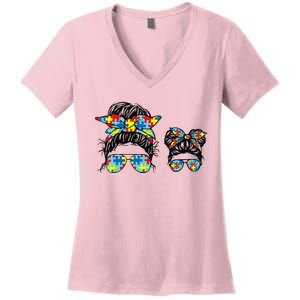 Autism Mom And Life Messy Bun Sunglasses Bandana Women's V-Neck T-Shirt