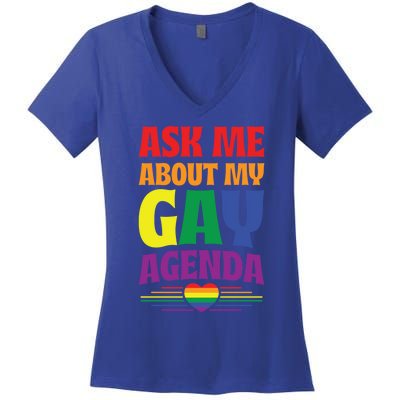 Ask Me About My Gay Agenda Funny Cute Lgbtq Pride Flag Heart Cute Gift Women's V-Neck T-Shirt