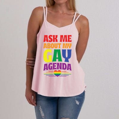 Ask Me About My Gay Agenda Funny Cute Lgbtq Pride Flag Heart Cute Gift Women's Strappy Tank