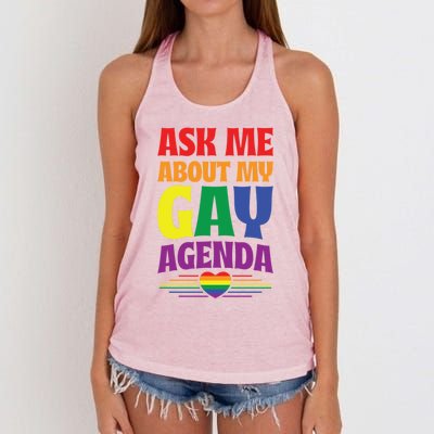 Ask Me About My Gay Agenda Funny Cute Lgbtq Pride Flag Heart Cute Gift Women's Knotted Racerback Tank