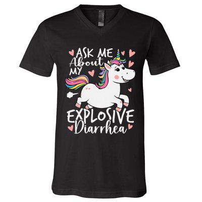Ask Me About My Explosive Diarrhea Poop Meme Funny Unicorn V-Neck T-Shirt