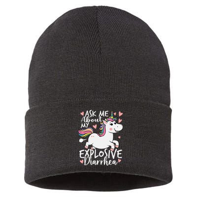 Ask Me About My Explosive Diarrhea Poop Meme Funny Unicorn Sustainable Knit Beanie