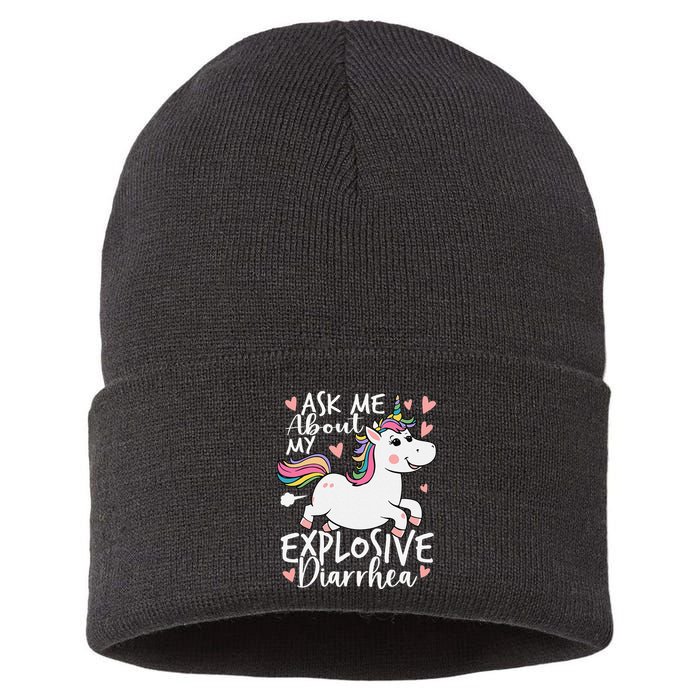 Ask Me About My Explosive Diarrhea Poop Meme Funny Unicorn Sustainable Knit Beanie
