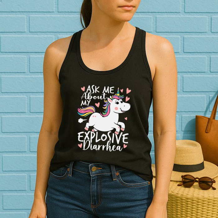 Ask Me About My Explosive Diarrhea Poop Meme Funny Unicorn Womens Tank Top