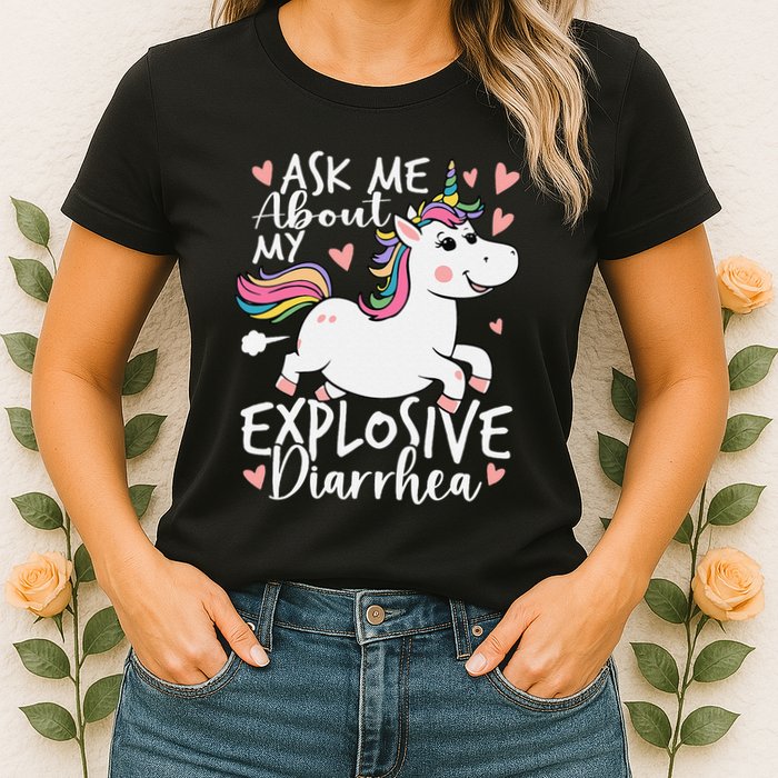 Ask Me About My Explosive Diarrhea Poop Meme Funny Unicorn Womens T-Shirt