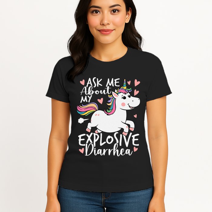 Ask Me About My Explosive Diarrhea Poop Meme Funny Unicorn Womens T-Shirt