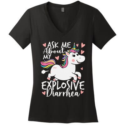 Ask Me About My Explosive Diarrhea Poop Meme Funny Unicorn Women's V-Neck T-Shirt