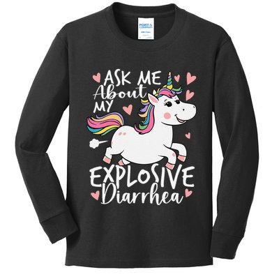Ask Me About My Explosive Diarrhea Poop Meme Funny Unicorn Kids Long Sleeve Shirt