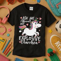 Ask Me About My Explosive Diarrhea Poop Meme Funny Unicorn Kids T-Shirt