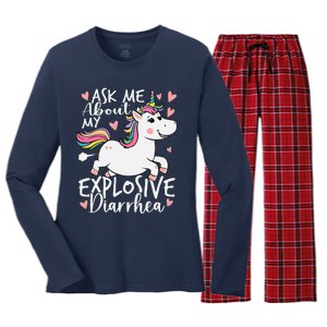 Ask Me About My Explosive Diarrhea Poop Meme Funny Unicorn Women's Long Sleeve Flannel Pajama Set 