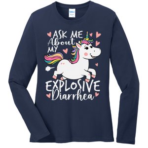 Ask Me About My Explosive Diarrhea Poop Meme Funny Unicorn Ladies Long Sleeve Shirt