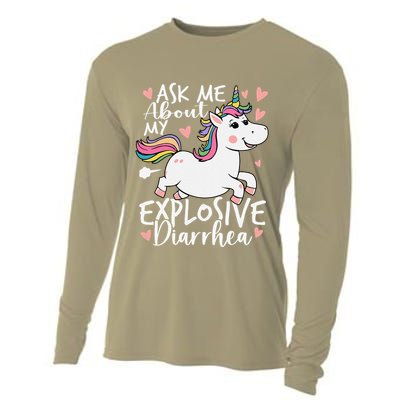 Ask Me About My Explosive Diarrhea Poop Meme Funny Unicorn Cooling Performance Long Sleeve Crew