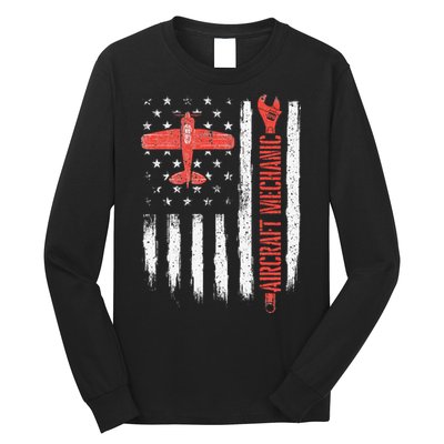 Aircraft Mechanic American Flag Plane Aviation Technician Long Sleeve Shirt