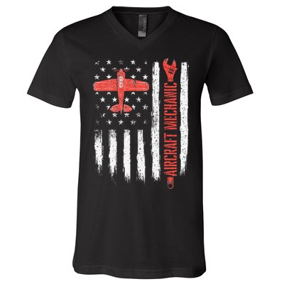Aircraft Mechanic American Flag Plane Aviation Technician V-Neck T-Shirt