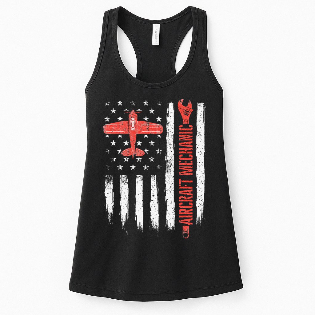 Aircraft Mechanic American Flag Plane Aviation Technician Womens Tank Top