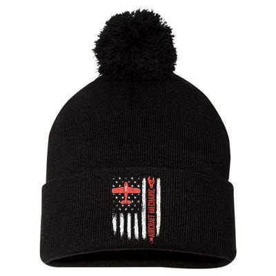 Aircraft Mechanic American Flag Plane Aviation Technician Pom Pom 12in Knit Beanie