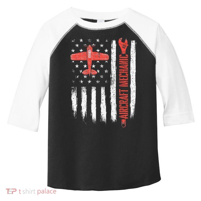 Aircraft Mechanic American Flag Plane Aviation Technician Toddler Fine Jersey T-Shirt