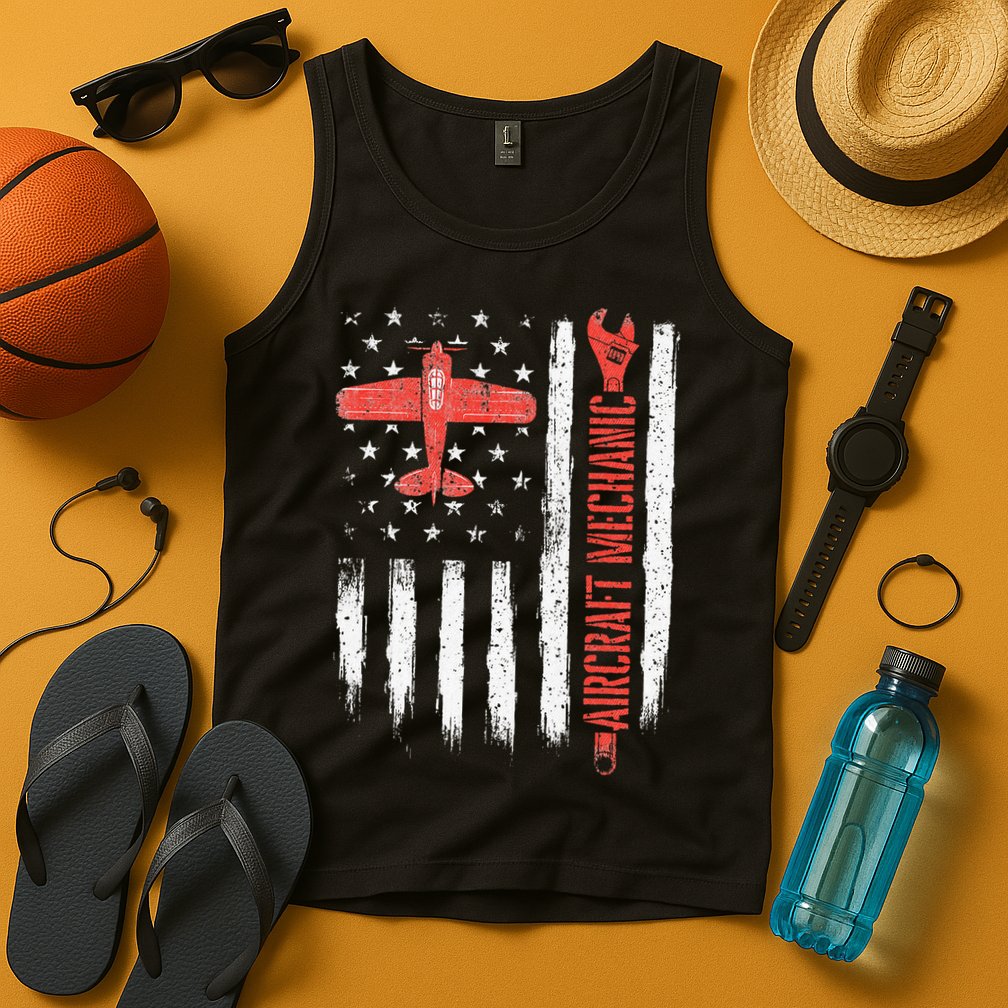 Aircraft Mechanic American Flag Plane Aviation Technician Tank Top