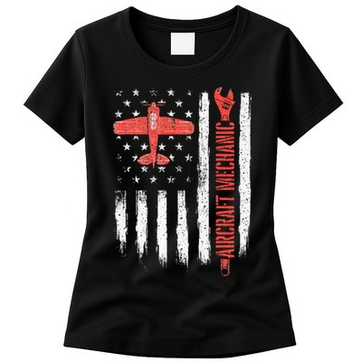 Aircraft Mechanic American Flag Plane Aviation Technician Womens T-Shirt