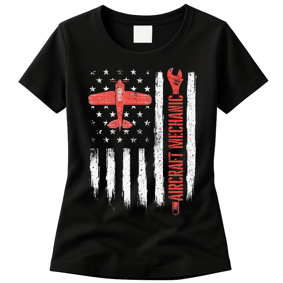 Aircraft Mechanic American Flag Plane Aviation Technician Womens T-Shirt