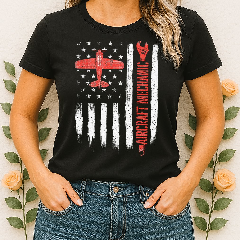 Aircraft Mechanic American Flag Plane Aviation Technician Womens T-Shirt
