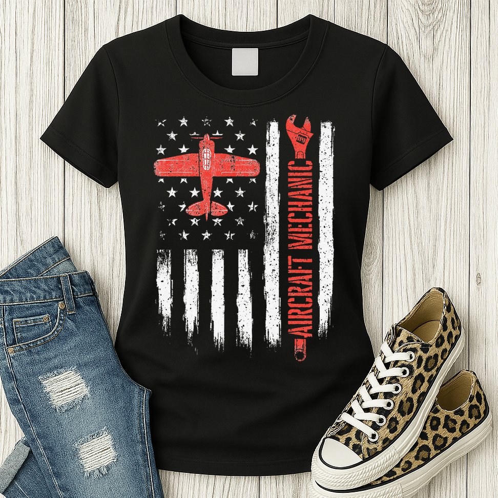 Aircraft Mechanic American Flag Plane Aviation Technician Womens T-Shirt
