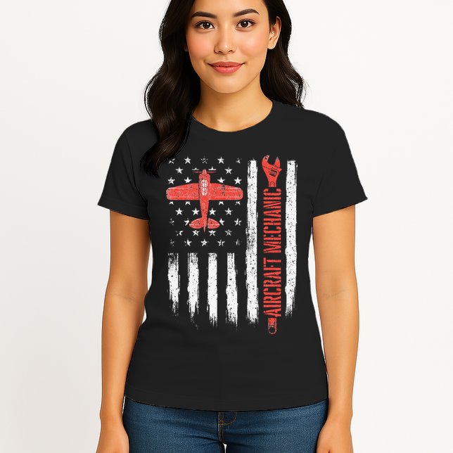 Aircraft Mechanic American Flag Plane Aviation Technician Womens T-Shirt