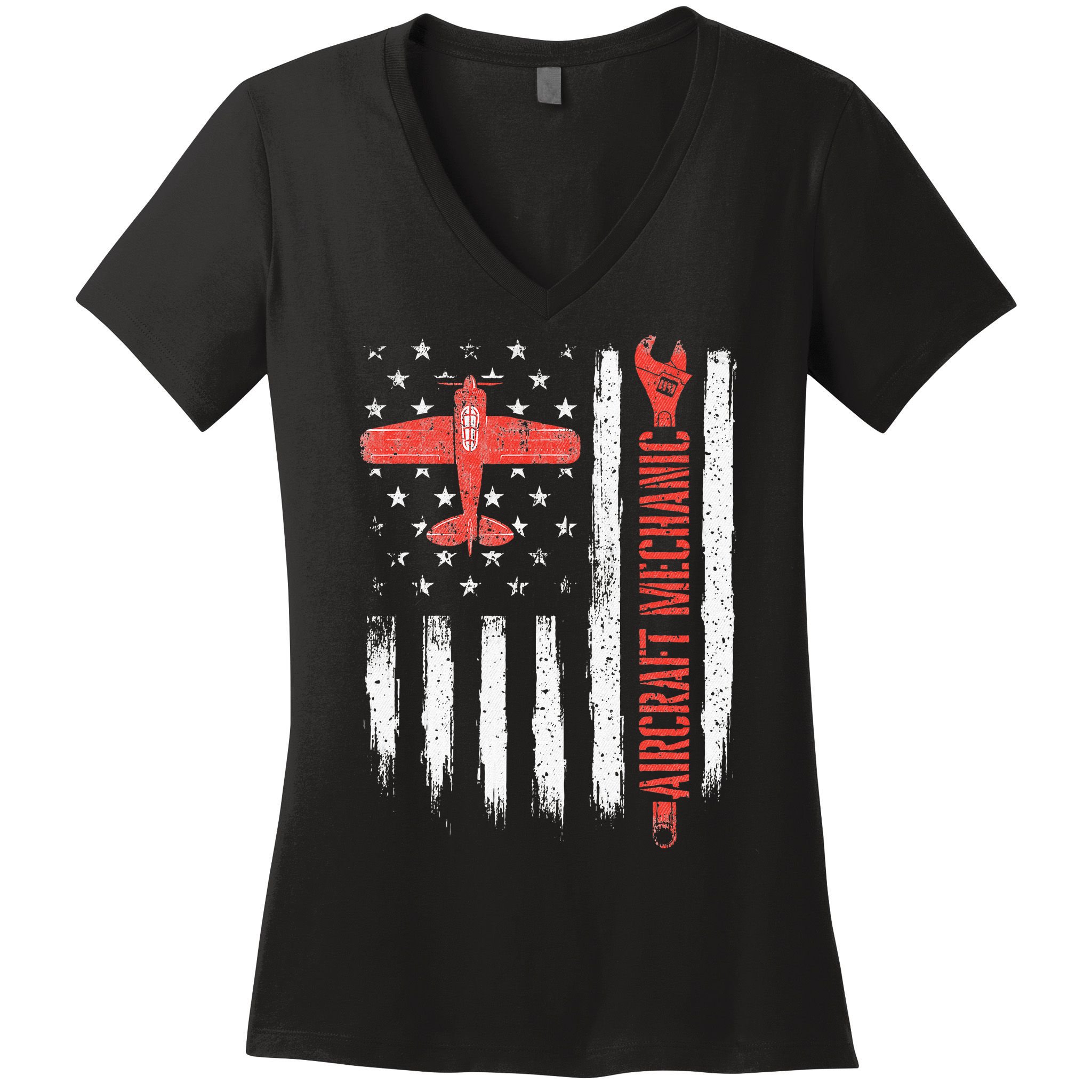 Aircraft Mechanic American Flag Plane Aviation Technician Women's V-Neck T-Shirt