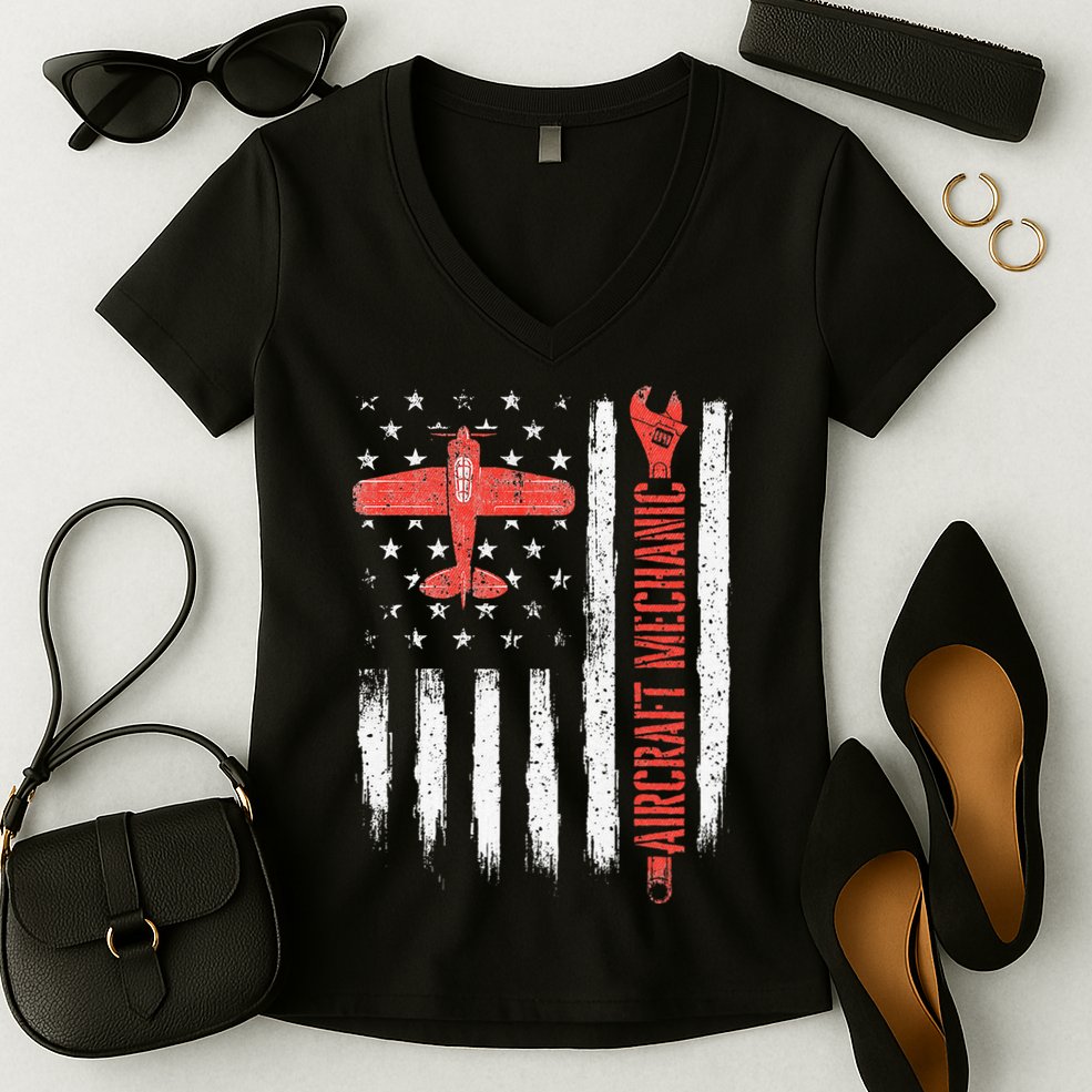 Aircraft Mechanic American Flag Plane Aviation Technician Women's V-Neck T-Shirt