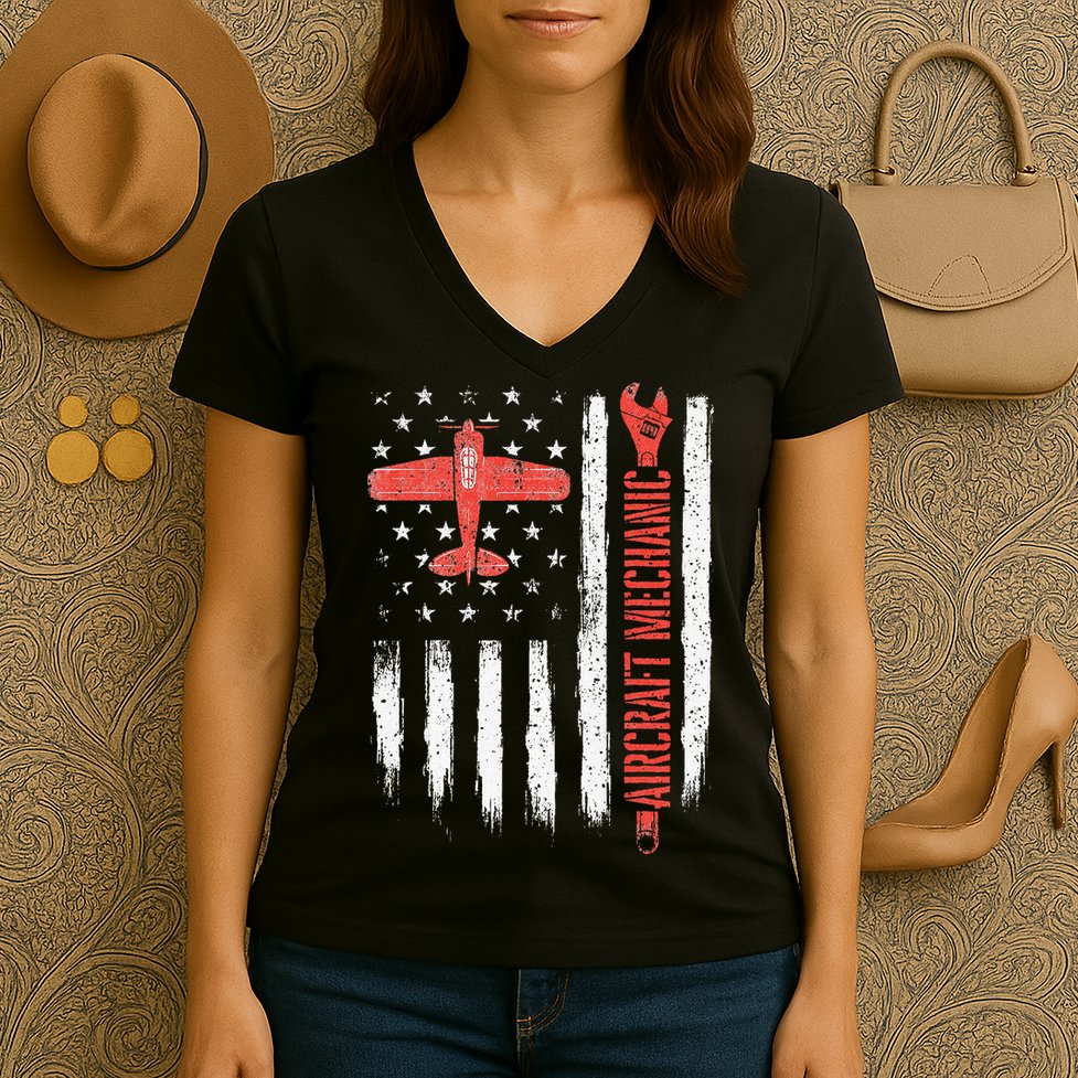 Aircraft Mechanic American Flag Plane Aviation Technician Women's V-Neck T-Shirt