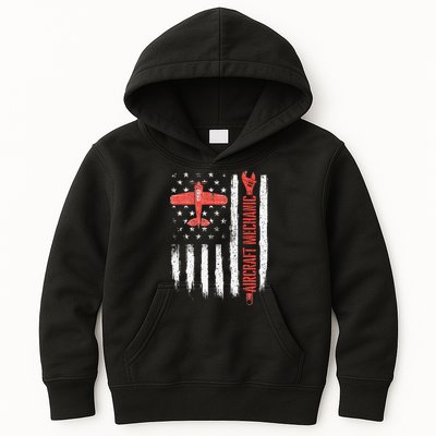 Aircraft Mechanic American Flag Plane Aviation Technician Kids Hoodie