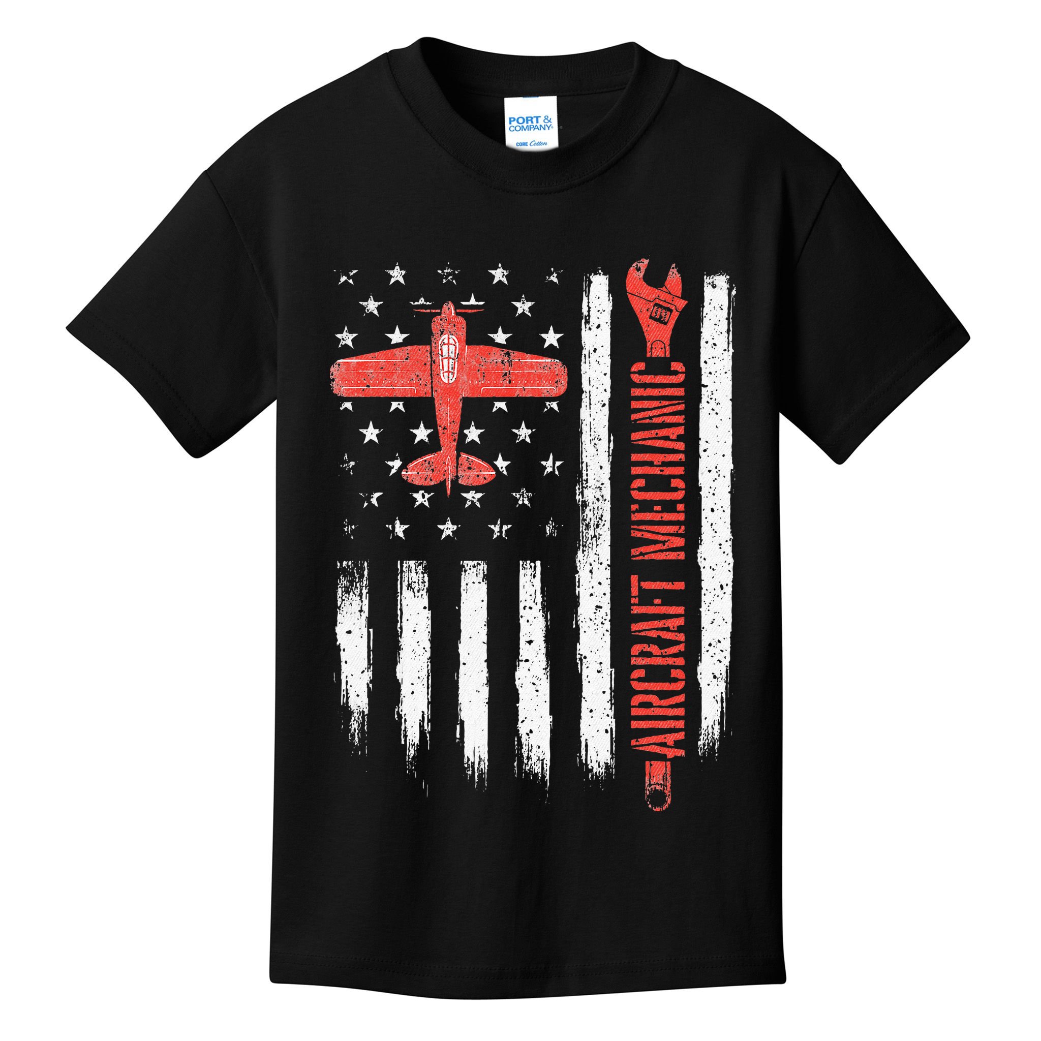 Aircraft Mechanic American Flag Plane Aviation Technician Kids T-Shirt