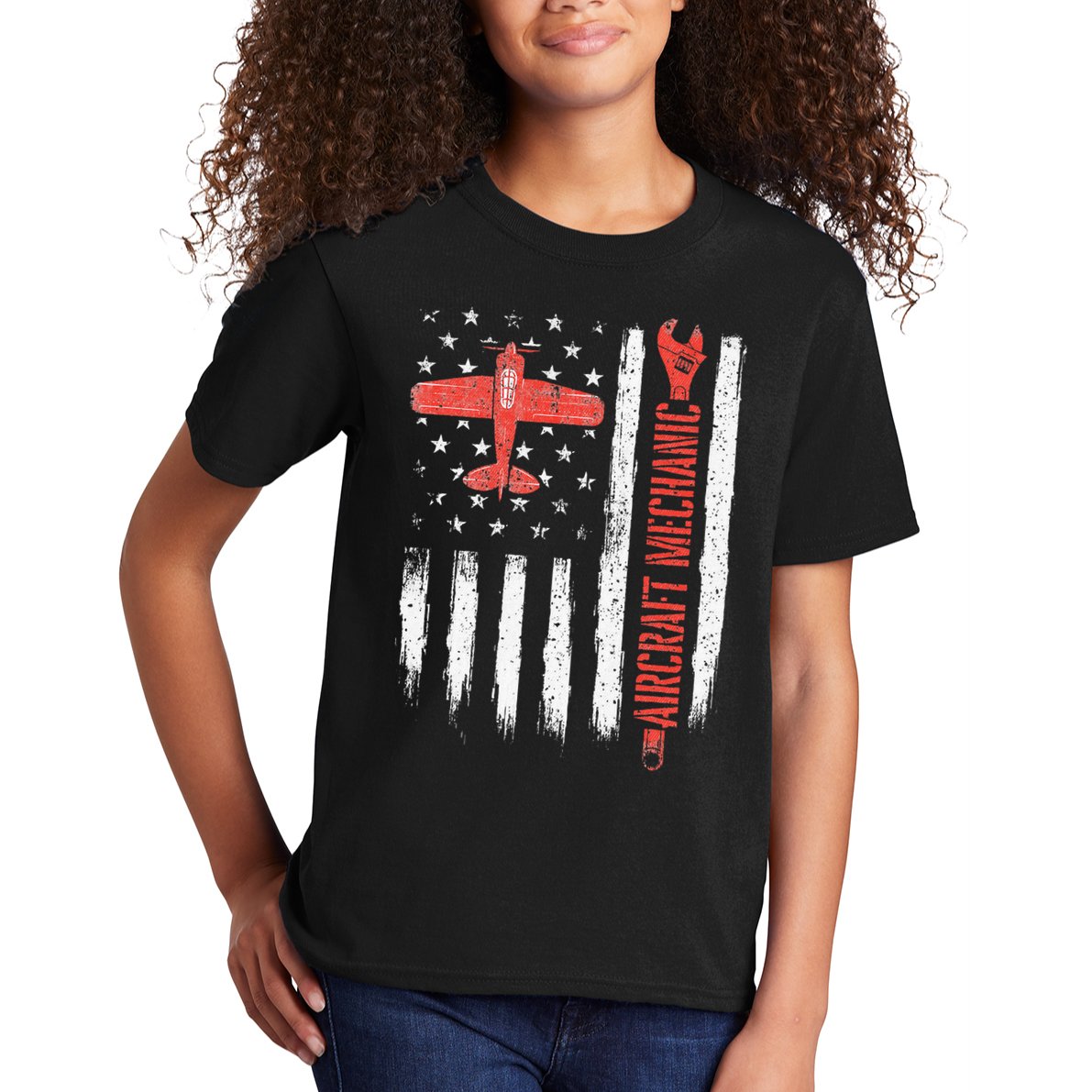 Aircraft Mechanic American Flag Plane Aviation Technician Kids T-Shirt