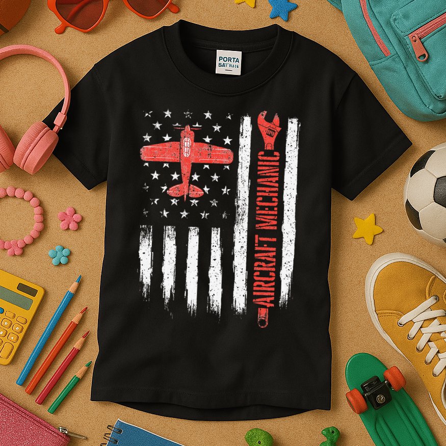Aircraft Mechanic American Flag Plane Aviation Technician Kids T-Shirt