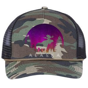 Alaska Moose Aurora Borealis - Alaskan Landscape Photo Retro Rope Trucker Hat Cap