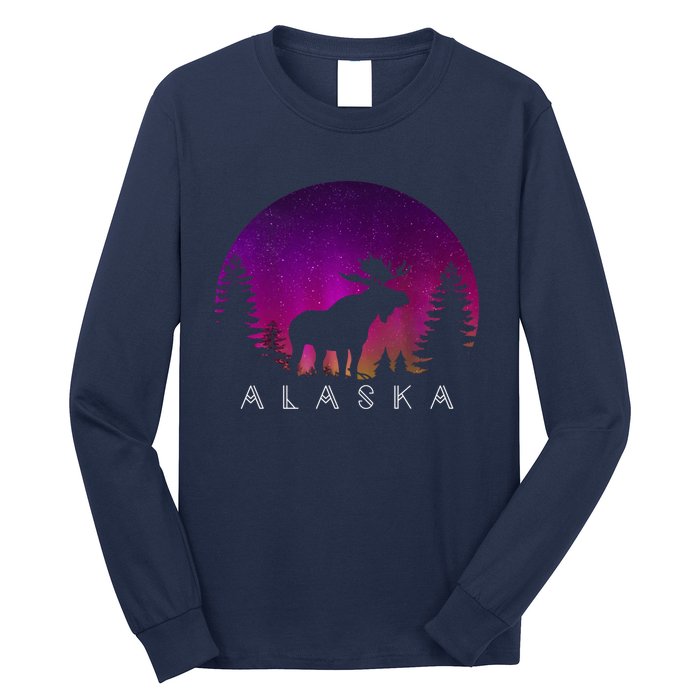 Alaska Moose Aurora Borealis - Alaskan Landscape Photo Long Sleeve Shirt