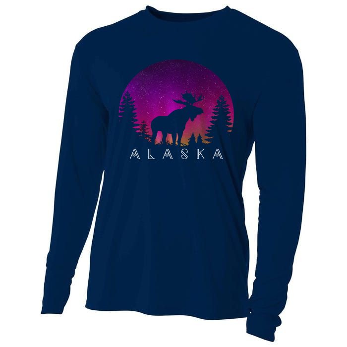 Alaska Moose Aurora Borealis - Alaskan Landscape Photo Cooling Performance Long Sleeve Crew