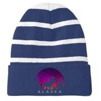 Alaska Moose Aurora Borealis - Alaskan Landscape Photo Striped Beanie with Solid Band