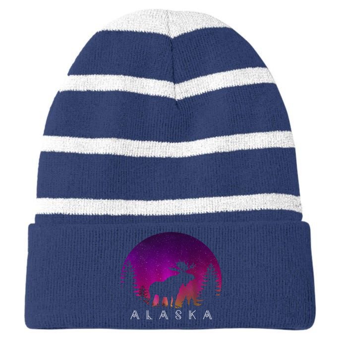 Alaska Moose Aurora Borealis - Alaskan Landscape Photo Striped Beanie with Solid Band