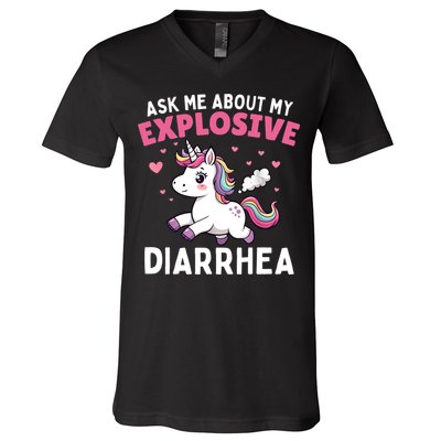 Ask Me About My Explosive Diarrhea Funny Poop Meme Unicorn  V-Neck T-Shirt