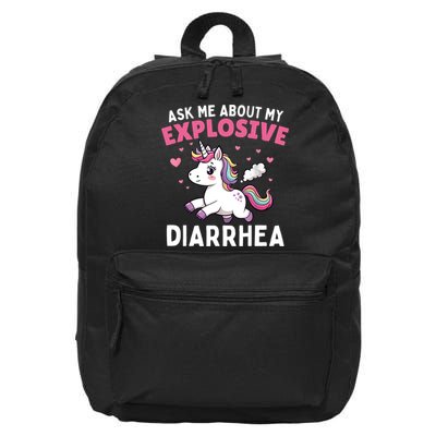 Ask Me About My Explosive Diarrhea Funny Poop Meme Unicorn  16 in Basic Backpack